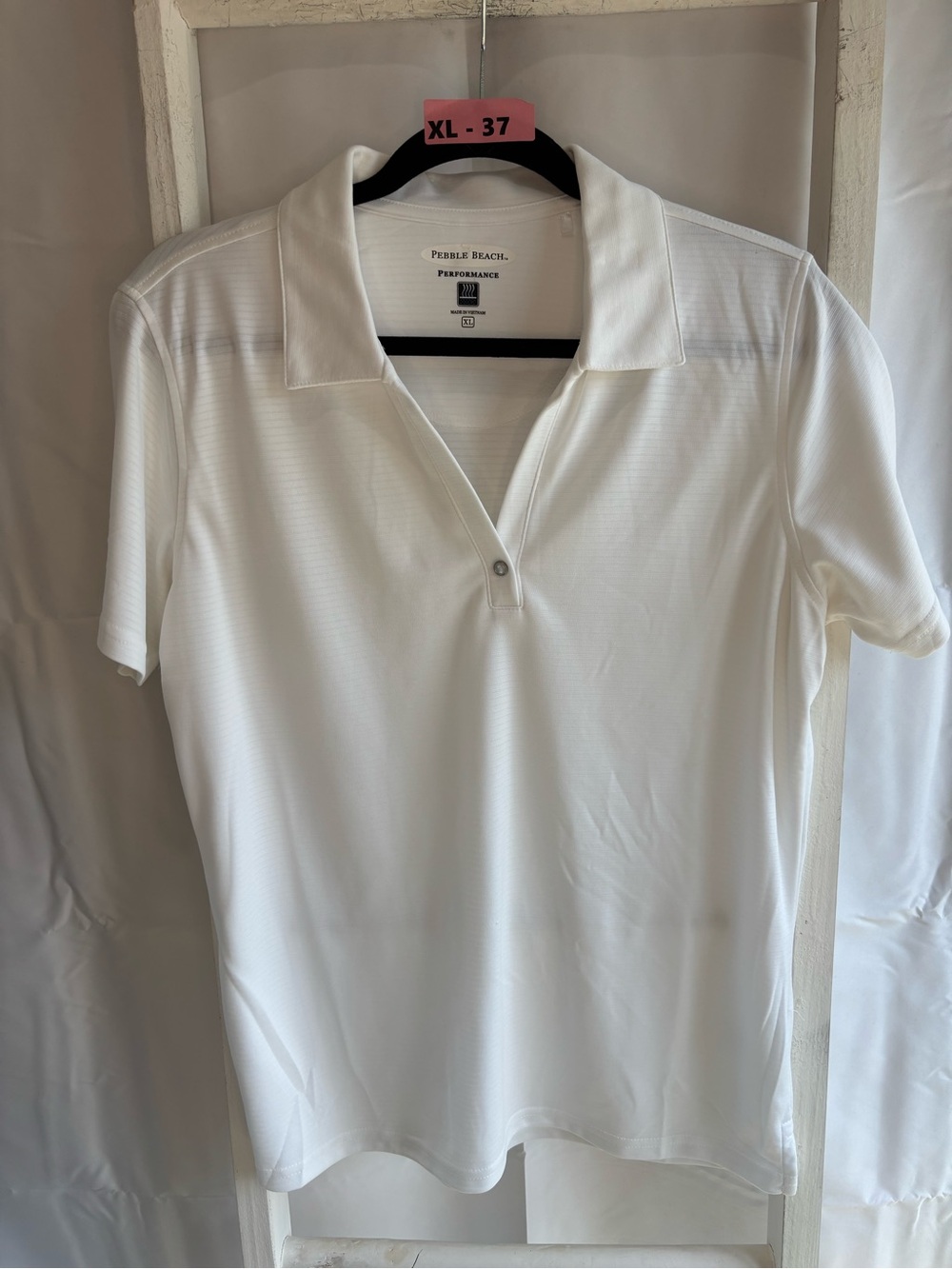 Pebble Beach White Short Sleeve Performance Polo with V-Placket Collar